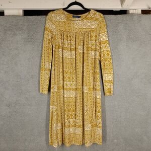 Solika Women's XS/Small Yellow‎ Midi Dress Long Sleeve Casual Boho Print